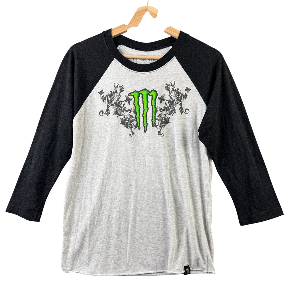 Monster Energy Mens Gray Black Raglan 3/4 Sleeve Graphic Baseball Tee Size M